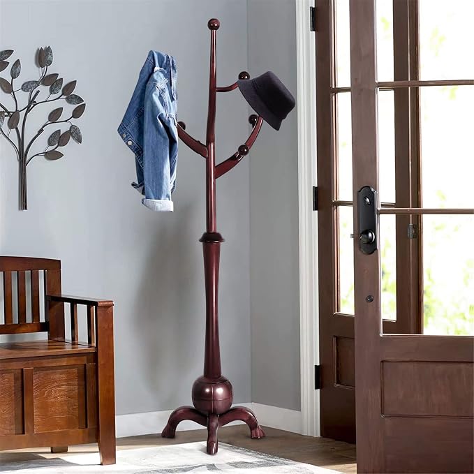 Bekrvio Coat Rack Freestanding Wood Tree Rack with 8 Hooks, Creative Design Tree Branch-look, Coat Tree Clothes Hanger Stand with Stable Sphere Base for Entryway, Hallway, Bedroom (Wine Red)