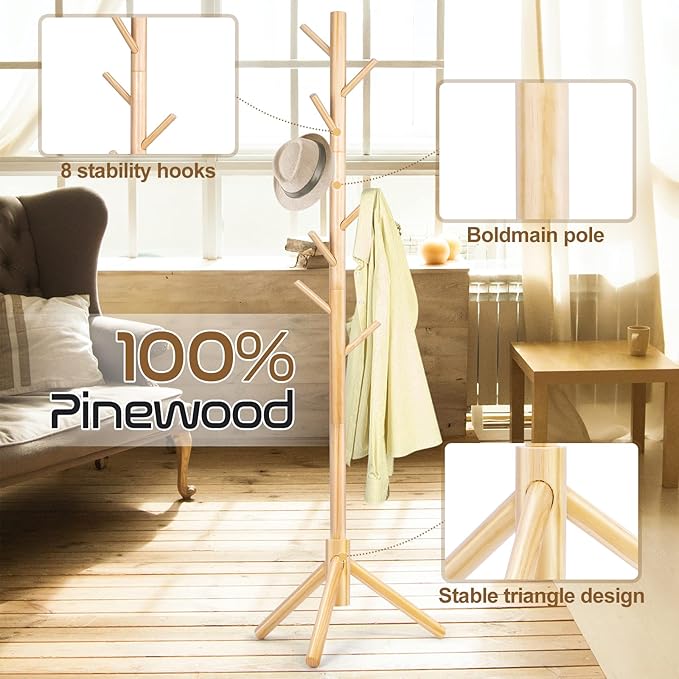 2 PC Wooden Coat Rack Freestanding with 8 Hooks & 3 Adjustable Sizes for Clothes, Space-Saving Design for Bedroom Office Entrance Holds Hats Coats Scarves Bags