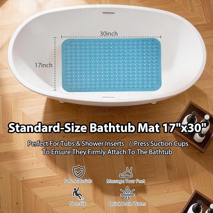 Bathtub Mat Shower Mat Non Slip 17x30 Inch Standard Size, Soft Bubble Bath Tub Mat Shower Mats for Inside Shower Bathroom Floor Mat with Big Suction Cups & Drain Holes, BPA-Free，Clear Blue
