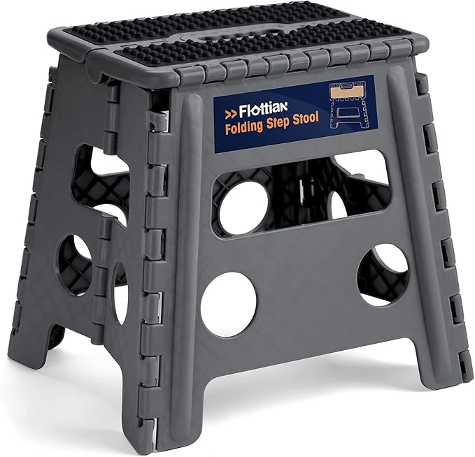 Flottian 13" Folding Step Stool for Adults and Kids Holds Up to 300 lbs,Non-Slip Folding Stools with Handle, Compact Plastic Foldable Step Stool for Bathroom,Bedroom, Kitchen Gray,1PC