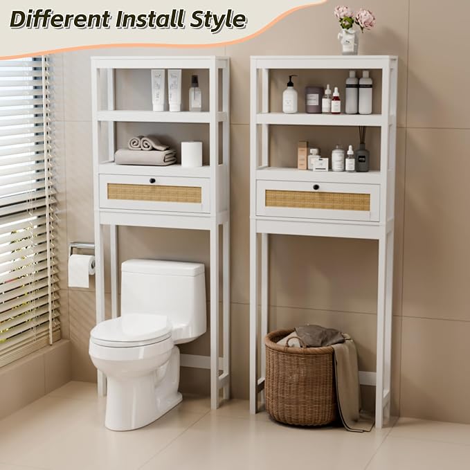 Over The Toilet Storage Cabinet, 3-Tier Bathroom Organizer with Rattan Door, Wooden Space Saver for Restroom, Bathroom, Laundry