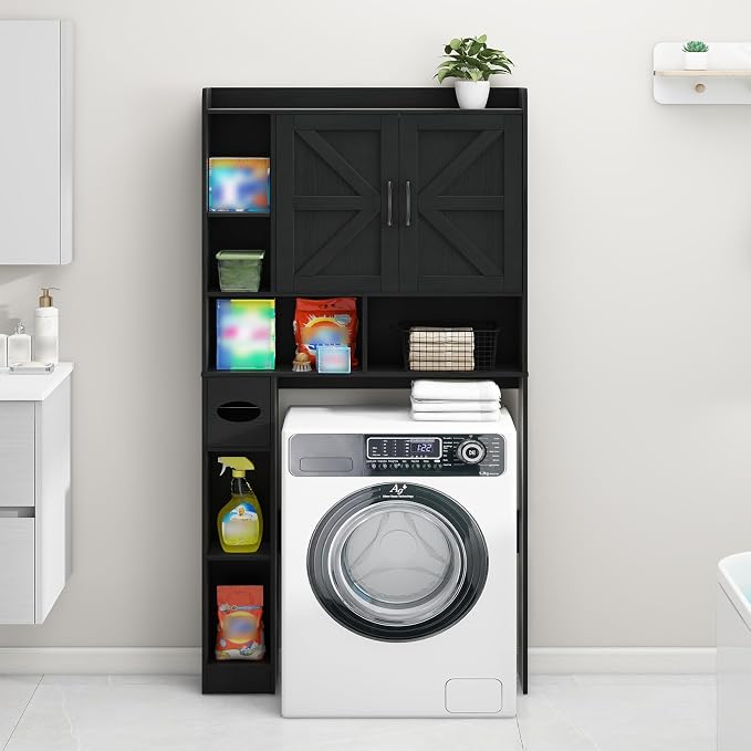 Vabches Over The Toilet Storage Cabinet, Farmhouse Storage Cabinet Over Toilet with 2 Barn Door & Toilet Paper Holder Stand, Home Space-Saving Toilet Rack, for Bathroom, Restroom (Black)