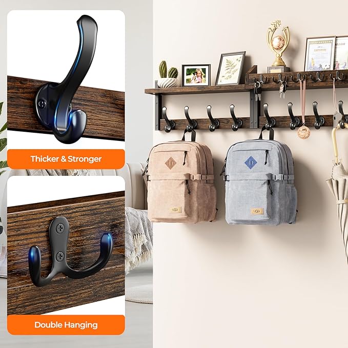 Evermagin 35" Coat Rack Wall Mount with Shelf, 4 in 1 Coat and Key Hanger with 13 Metal Hooks, Entryway Wall Mounted Shelf with Mail Holder for Living Room, Bedroom, Rustic Brown