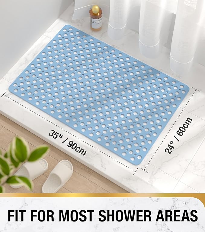 HITSLAM Bathtub Mat Non Slip, 35 x 24 Inch Long TPE Bath Mat for Tub, Efficient Drainage Bathroom Shower Mat with Suction Cups, Bath Tub Mat, Soft on Feet and Easy to Clean, Blue