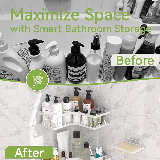 Shower Shelf Corner, Adhesive Shower Caddy Rustproof, Shower Shelves Corner with Soap Holder, No Drilling Shower Corner Organizer for Dorm, Renters Bathroom, White, 3 Pack
