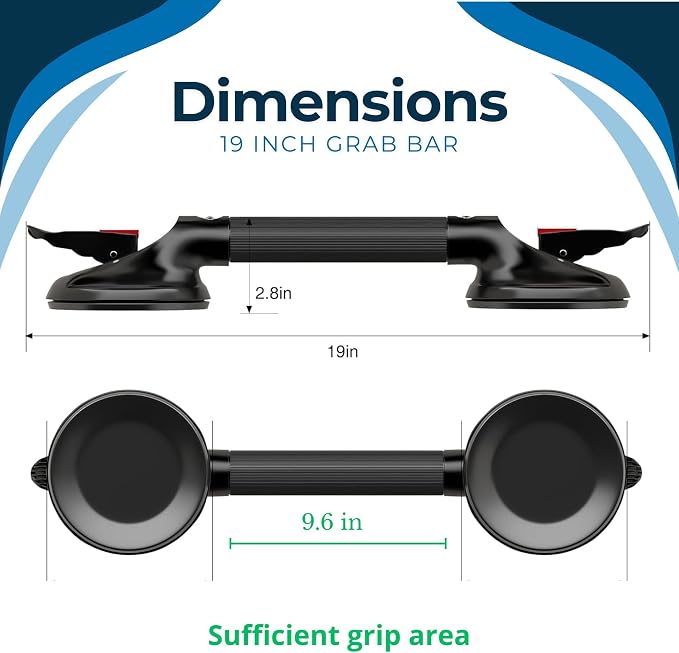 Heavy Duty Grab Bar with Large Suction Cups for Shower and Bathtub, Easy Tools-Free Installation & Removal, Safety with Compression Loss Warning, Useable on Diffrent Surfaces (Black, 19 Inches)