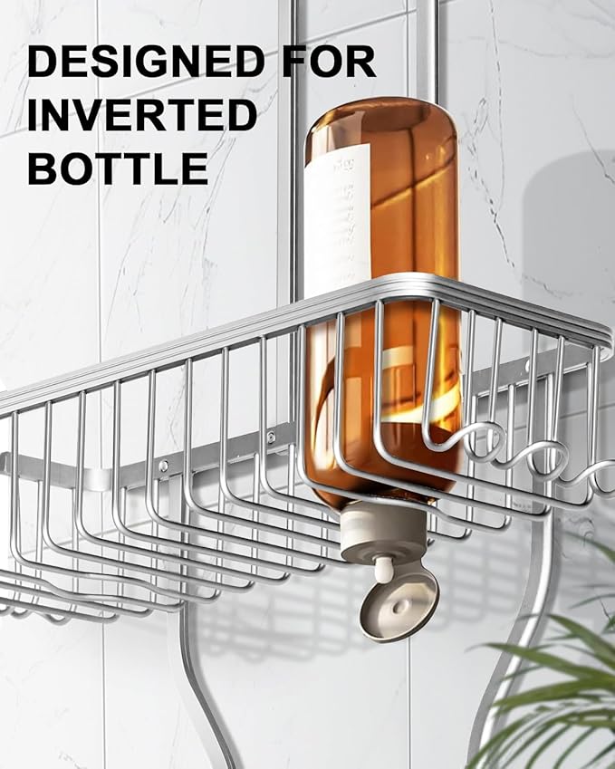 Shower Caddy Hanging - Never Rust Shower Hanging Organizer - Aluminum Over the ShowerHead Caddy with 6 Hooks for Razor/Sponge (Silver)