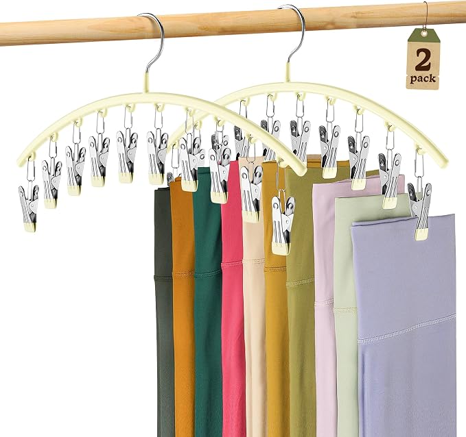 Volnamal Legging Organizer for Closet, Metal Yoga Pants Hangers 2 Pack w/10 Clips Holds 20 Leggings, Space Saving Hanging Closet Organizer w/Rubber Coated Closet Organizers and Storage, Ivory