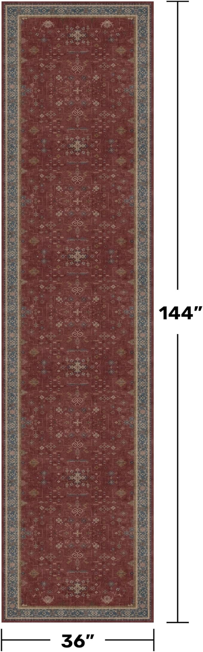 Large Burgundy 3x12 Long Runner Rug for Hallway - Washable Kitchen Rug, Low Pile Thin Carpet for Bedroom Bedside, Foyer, Non Slip Unique Bohemian Red Décor