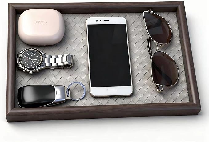 Wooden Valet Tray with Leather Base - Nightstand Catchall Organizer for Cologne, Perfume, Keys, Wallet, Phone, Watch, Jewelry & Sunglasses (Llight Gray)