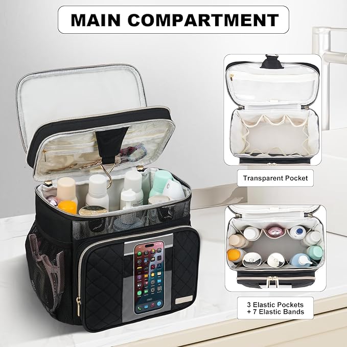 Large Toiletry Bag for Women Men, Portable Shower Caddy College Dorm Essentials, 2 Layers Quickly Dry Mesh Bathroom Tote Bag, Hanging Makeup Organizer Bag for Travel, Gym, Camping (Black)