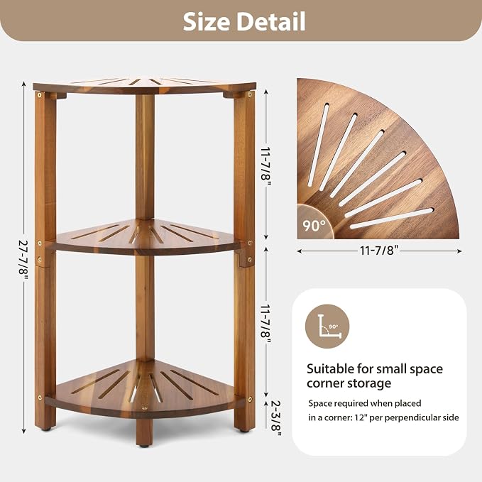 IBosins Corner Shower Caddy Standing 3-Tier Bathroom Shower Stool Shelf for Inside Shower Natural Acacia Wood Organizer & Storage for Bedroom Living Room Kitchen