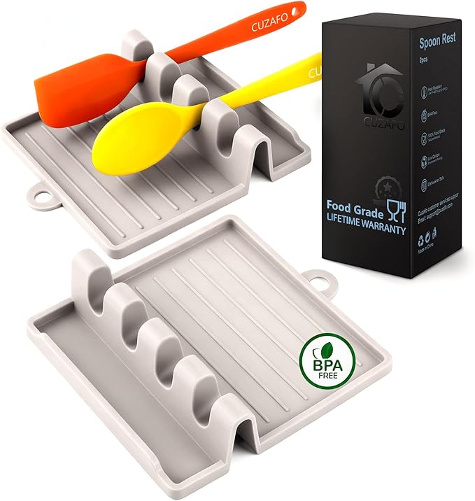 2-PACK 600°F Heat Resistant Silicone Spoon Rest, Multiple Utensil Rest, BPA Free Easy to Clean Dishwasher Safe, Khaki