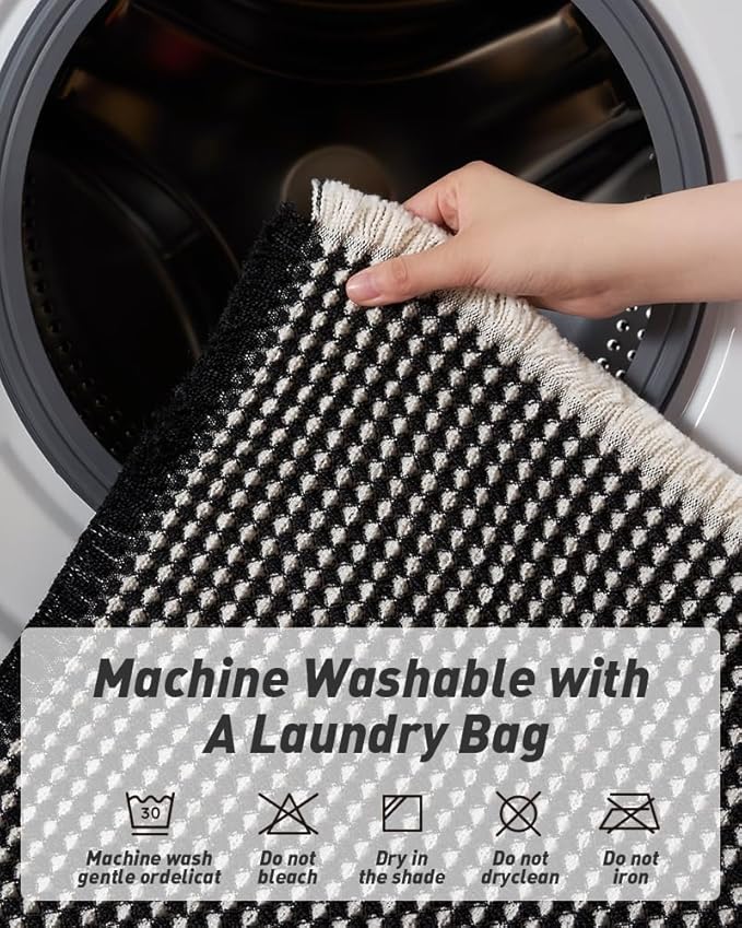 AMOAMI Upgraded Waffle Runner Rug Super Absorbent Non Slip Bath Mats for Bathroom Machine Washable Bathroom Runner Rug with Tassels, Ideal for Hallway Bedroom Laundry Room, 2' x 5', Black & Cream