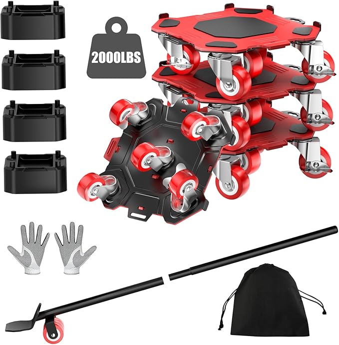 Upgraded Furniture Dolly Movers 5 Wheel Heavy Duty 2000LBS Capacity Carbon Steel Panel 360° Rotating Casters Furniture Slider for Sofa Refrigerator Piano (Red, 6in)