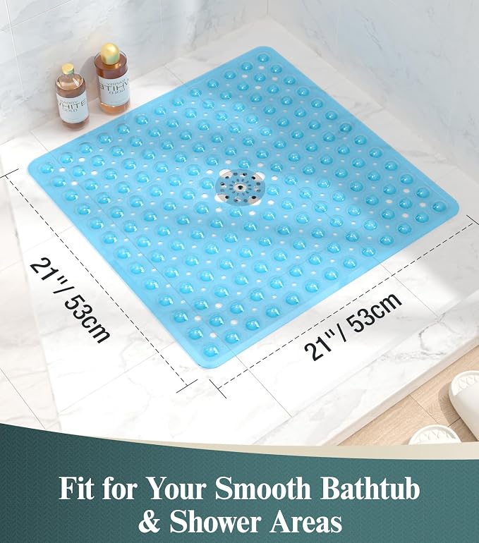 HITSLAM 21x21 Inch Square Shower Mat Non Slip, Anti Slip Bathtub Mat with Strong Suction Cups & Drainage Holes, Machine Washable Bathroom Floor Mat for Inside Shower Stall and Tub, Blue