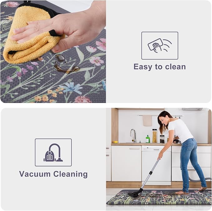 KIMODE Anti Fatigue Kitchen Mat for Floor, 17"x59"+17"x29" Floral Kitchen Rugs Sets of 2, Kitchen Floor Mats Non-Slip, Cushioned Standing Desk mat for Sink, Laundry, Office Dark Grey/Purple