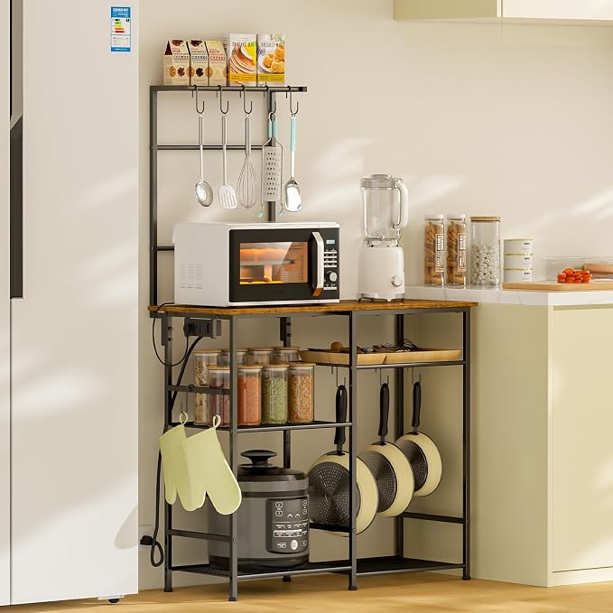 3IngSeagulls Bakers Rack with Power Outlet, Kitchen Microwave Stand with 10 S-shaped Hooks, 6-Tier Coffee Bar Station, Kitchen Storage Shelf Rack for Spices, Pots, Rustic Brown