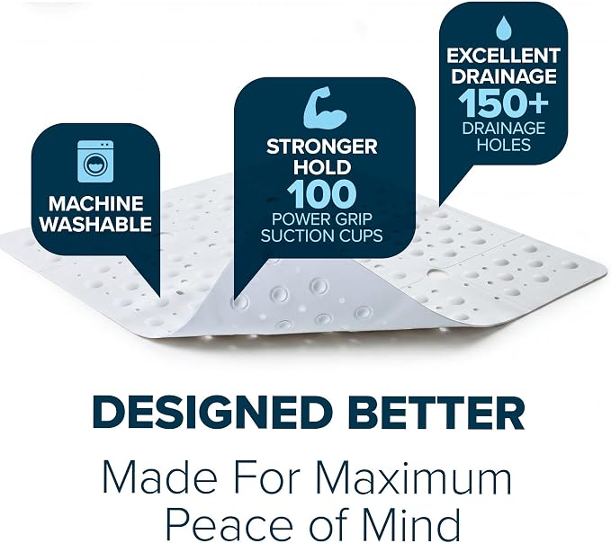 SlipX Solutions 27" Oversize Square Shower Mat, Non-Slip Mat for Elderly & Kids, 100+ Power Grip Suction Cups for Smooth Surfaces, Machine Washable, White