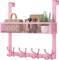 Consumest Over The Door Hooks Organizer - 2 Tier Over Door Hanger with 16 Hooks & 2 Baskets for Hanging Coat, Clothing, Towel, Back Storage for Bathroom, Closet, College Dorm, Pink