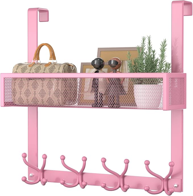 Consumest Over The Door Hooks Organizer - 2 Tier Over Door Hanger with 16 Hooks & 2 Baskets for Hanging Coat, Clothing, Towel, Back Storage for Bathroom, Closet, College Dorm, Pink