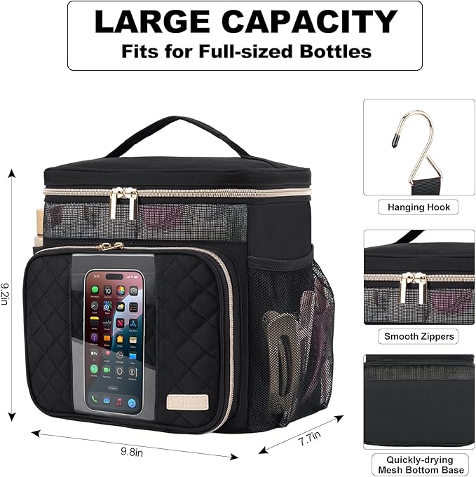 Portable Shower Caddy College Dorm Essentials (Full Size Bottle Compatible), Toiletry Bag for Women Men, Hanging Makeup Bag with Quickly Dry Mesh Base for Travel,Gym & Camping, Black