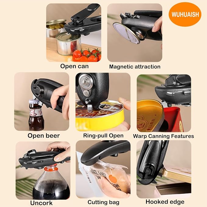 Multi-functional opener and can-opener, made of thickened ABS material and stainless steel, easy to operate, save time and effort, easy to store. (01 Black)
