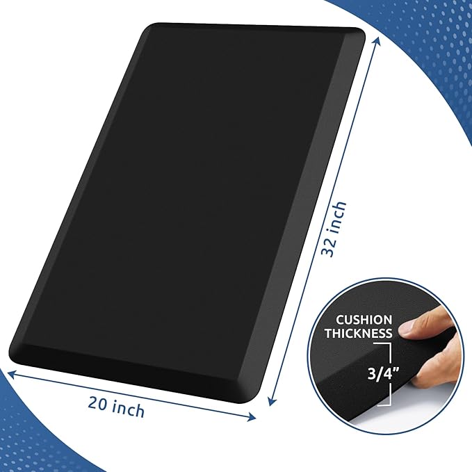 KitchenClouds Kitchen Mat Cushioned Anti Fatigue Rug 20"x32" Water Resistant, Non Slip, Standing and Comfort Desk/Floor Mats for House Sink Office (Black,0.8inch)