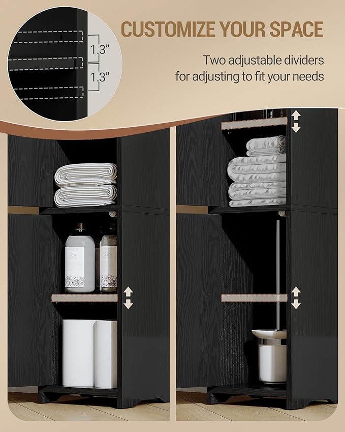 Hzuaneri Bathroom Storage Cabinet, Small Corner Floor Cabinet with 2 Doors and Adjustable Shelf, Narrow Toilet Paper Cabinets, Bathroom Organizer for Small Spaces, 7.9" D x 7.9" W x 29.5" H Black