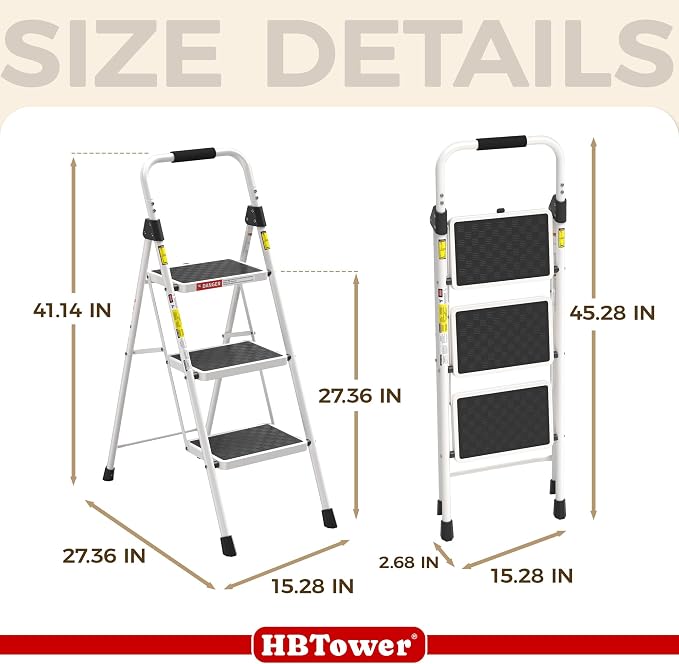 HBTower 3 Step Ladder, Heavy Duty Step Stool with Anti-Slip Pedal and Feet, Folding Step Stool for Adults, Comfortable Handrail, Portable Ladder for Home Kitchen Garage Outdoor, 330 Lbs, White