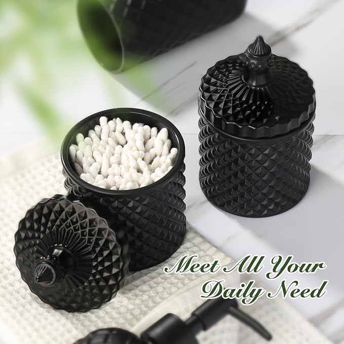 RYTOXILO Matte Black Bathroom Accessories Set, 4 Pack Black Bath Accessory Sets Complete, Diamond Glass Soap Dispenser and Toothbrush Holder Set for Countertop, Gothic Decor Organizer Essentials