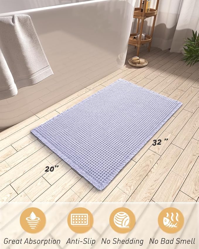 AMOAMI Upgraded Waffle Bath Mat, Super Absorbent Non Slip Bath Mats for Bathroom Floor, Machine Washable Bathroom Rugs with Tassels, Rubber Backed Bathroom Mats, Ultra Soft, 20" x 32",Purple