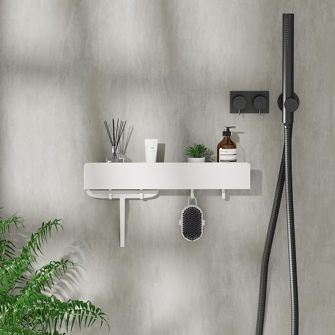 REKITA No Drill Shower Shelf Organizer, 40cm Stainless Steel Bathroom Storage with 4 Removable Hooks, Adhesive Wall Mounted Shower Caddy, Rustproof Bath Shelf for Bathroom Kitchen Living Room