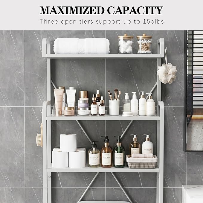 Over The Toilet Storage Cabinet, 3-Tier Bathroom Organizers and Storage with Hooks, Freestanding Shelf Toilet Rack, Small Bathroom Laundry Space Saver with Towel Rack & Toilet Paper Holder(White)