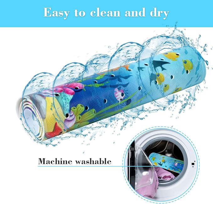 Secopad Bath Mat for Tub Non Slip, Machine Washable Anti-Slip Cartoon Baby Bathtub Shower Mat with Drain Holes and Suction Cups for Toddler & Kids, 40in x 16in, Sharks