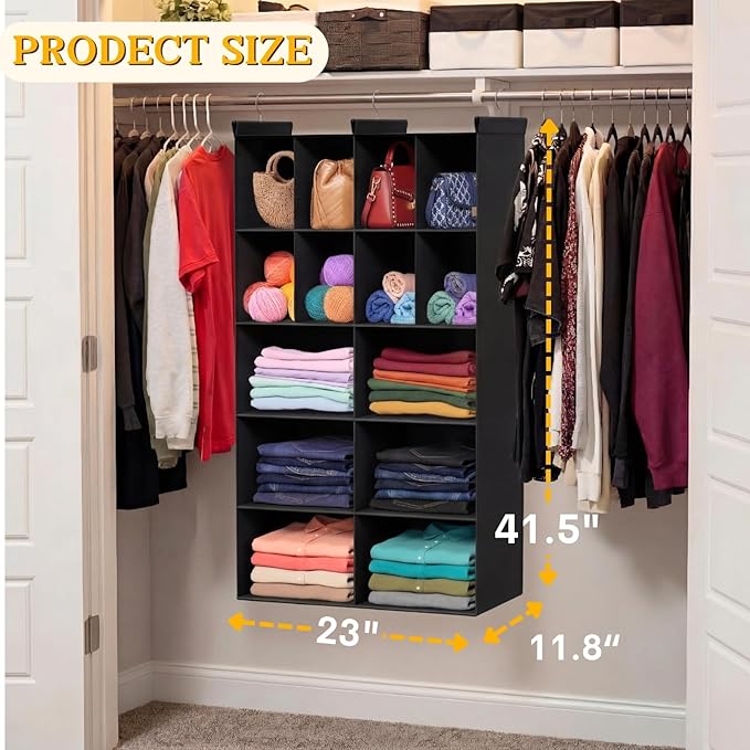 Ofiray-home 5 Tier Hanging Closet Organizer, 14 Compartments Sweater Organizer for Closet with 3 Sturdy Hooks, Closet Organizers and Storage, Wardrobe, Rv, Garment Rack, Black