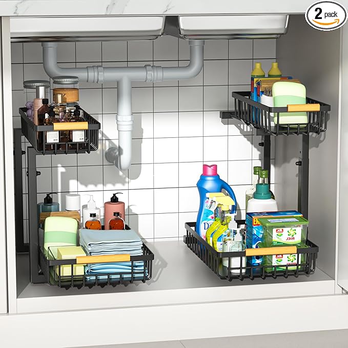 Merrylun Under Sink Organizers,5 Adjustable Height，Metal Pull Out Under Sink Organizers and Storage Shelves with Sliding Drawer, Black, 2 Pack（Hight 13.6″-16.9″）
