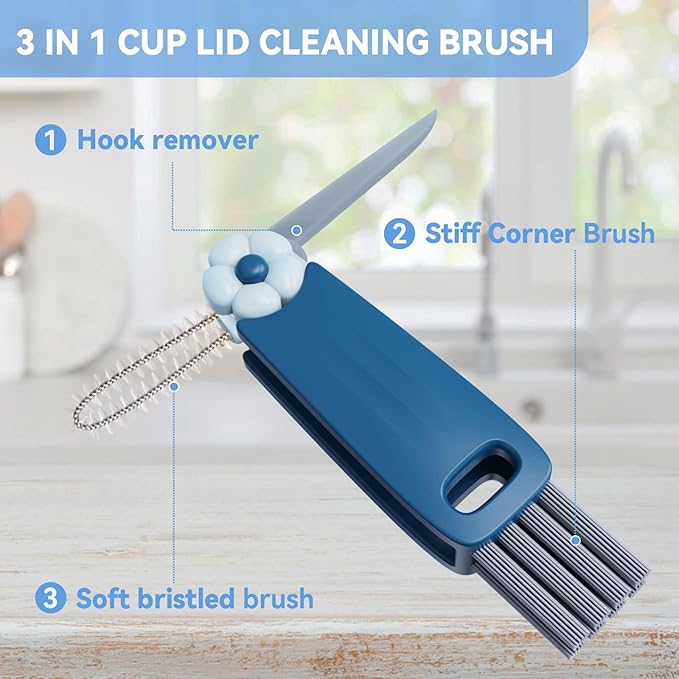 6 Pack Cup Lid Cleaning Brush Set with 3 Straws, Multifunctional Bottle Brush, Cup Lid Gap Cleaner, Durable Bristle Crevice Cleaning Brush,Flat End Brushes