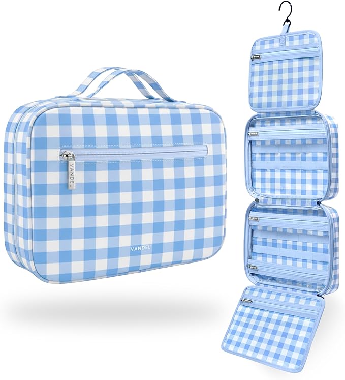 VANDEL Waterproof Hanging Toiletry Bag [TSA-Approved] Hanging Makeup Organizer Bag, Cosmetic Travel Bags for Women, Makeup Case Toiletries Organizer Hygiene Bathroom Shower Caddy - Blue Gingham
