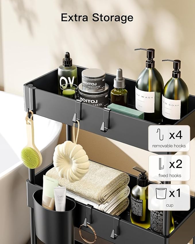 Pipishell Slim Storage Cart with Wheels - 3 Tier Bathroom Organizers and Storage Cart - Rolling Carts for Bathroom, Kitchen, Narrow Space, Laundry Room,Black