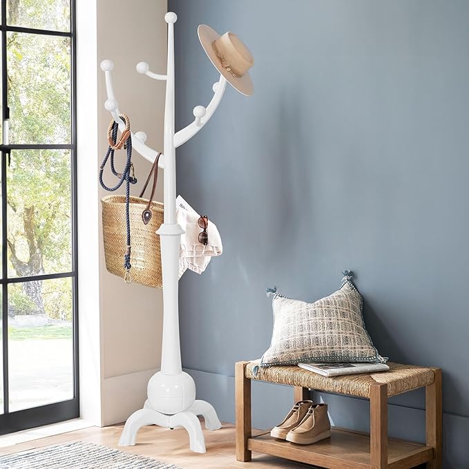 Bekrvio Coat Rack, Solid Wood Coat Racks Stand, Free Standing Coat Rack Coat Hanger with Hooks for Jaceket, Winter Coats, Entryway, Hallway, Bedroom - Load 160lbs (White)