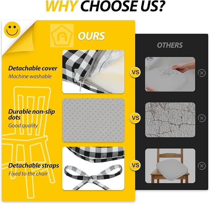 AAAAAcessories D-Shaped Chair Cushions, 2" Thick Dining Chair Pads with Ties and Removable, Machine-Washable Cover, 17" x 16", Set of 4, Checkered Black/White