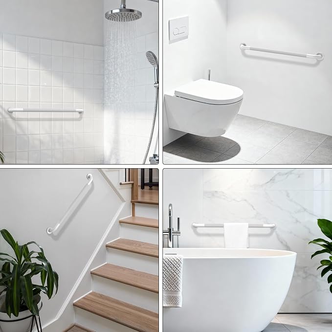 White Grab Bar 32 Inch, iHansee Anti-Slip Bathroom Grab Bar w/Knurled Grip, Stainless Steel Safety Handrail for Toilet Bathtub Shower, Wall Mounted Handicap Bars Handle for Senior Elderly