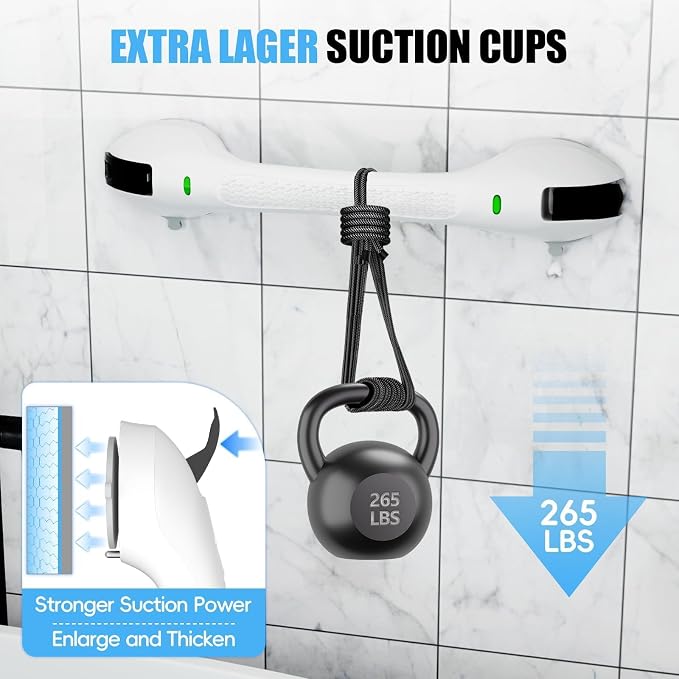 SPECILITE 17 Inch Shower Handle, Grab Bars for Bathtubs and Showers, Disabled and Elderly Strong Suction Cup, Seniors Handicap Safety Handrail for Bathroom Toilet Tiles Glass - White