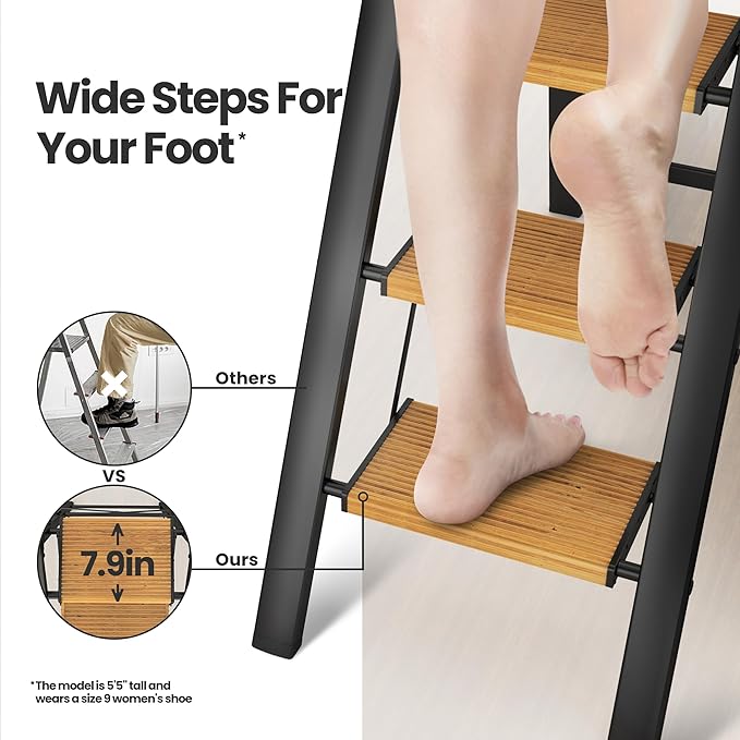 SOLADDER 6 Step Ladder for 12 Ft High Ceiling, Folding Step Stool with Handgrip & Anti-Slip Wide Pedal, Portable Aluminum Stepladder for Kitchen, Home (300 lbs Capacity) - Black+Wood Grain