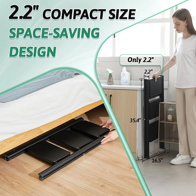 3-Step Folding Ladder, Heavy Duty Ladders for Home & Kitchen, Folding Ladder Easy to Store, Tall Ladder for Adults, Anti-Slip & Space-Saving Step Ladder, 330 Lbs Capacity