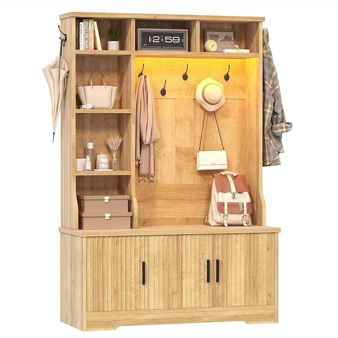 CSZZD Hall Tree with Bench and Shoe Storage, Fluted Entryway Bench with Coat Racks and Led Lights, 69" Tall Wood Hall Tree with 7 Coat Hooks, 6 Storage Cubbies, Adjustable Shelf