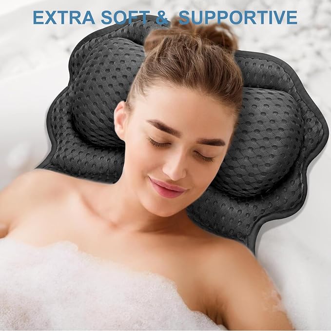 SetSail Bath Pillow, Relaxing Bath Pillows for Tub Neck and Back Support Soft 4D Breathable Air Mesh Ergonomic Bathtub Pillow with 6 Strong Suction Cups and Hook Luxury Bathroom Accessories,Black