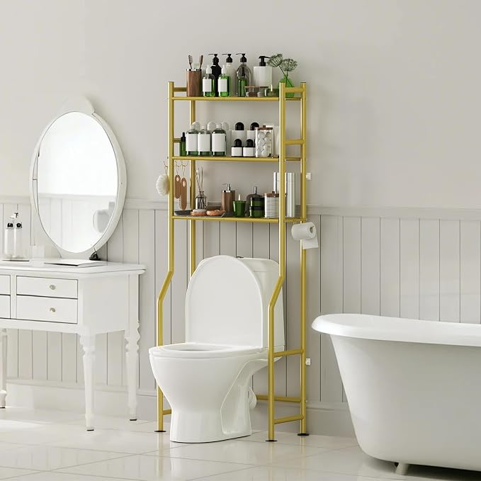3-Tier Over The Toilet Storage Organizer, Space-Saving Bathroom Rack with Paper Holder & 4 Hooks, 64" Tall Freestanding Carbon Steel Shelf for Small Apartment Laundry Room (Gold)