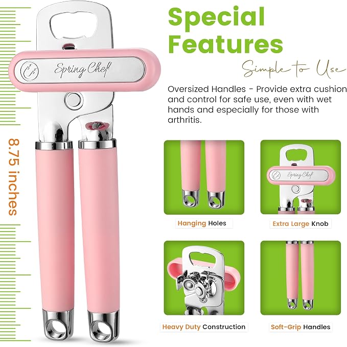 Spring Chef Stainless Steel Can Opener - Manual with Soft Grip Handles, Easy Turn, Heavy Duty Hand Can Openers for Seniors with Smooth Edge - Magnetic Lid Remover - Pink Lemonade